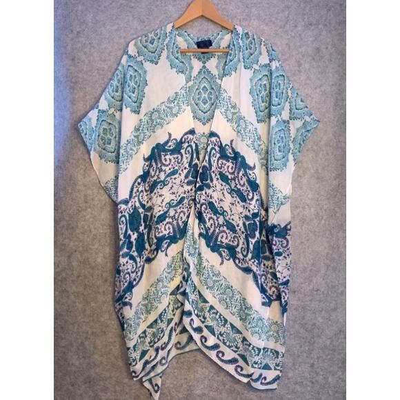 Rachel Roy Boho Kimono Beach Cover Up in Blue Paisley Design, One Size Fits All - Picture 2 of 11
